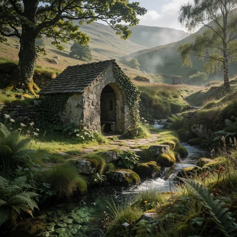 A Small, Weathered Stone Building, Its Slate Roof Catching T... — Stable Diffusion AI Prompt: A small, weathered stone building, its slate roof catching the dappled sunlight,...