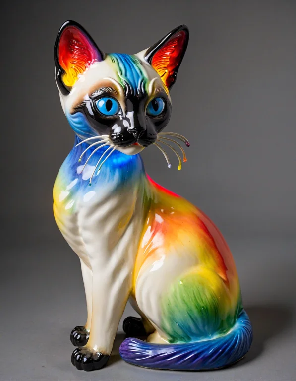 Porcelain Art, A Rainbow Colored Siamese Cat, Museum Display...