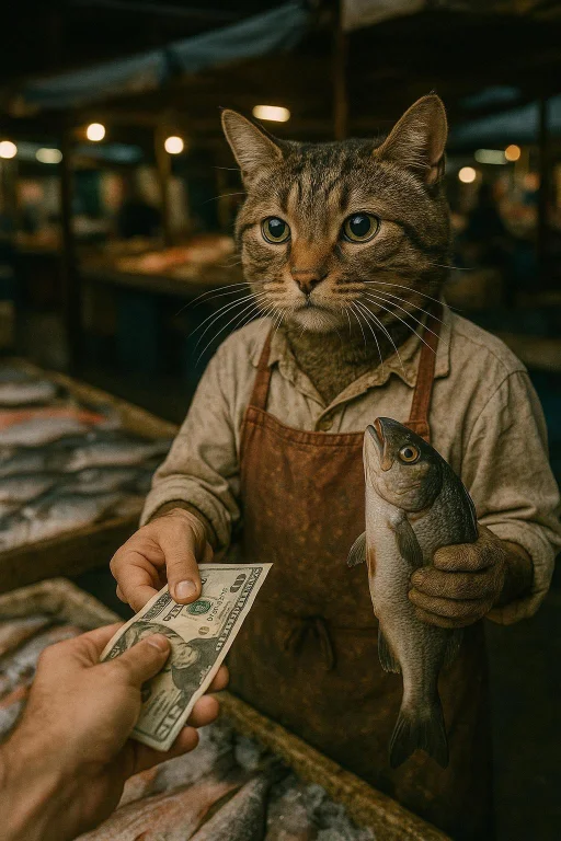 Image Of A Hand Offering Money To A Fishmonger Cat, Holding...