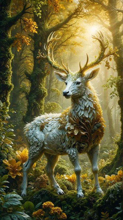 Hyper Realistic, A Majestic White Stag With Golden Antlers S...