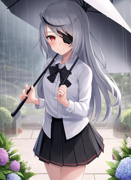 1girl, Laura, Grey Hair, Eyepatch1.2, Black Skirt, Blush, Co...