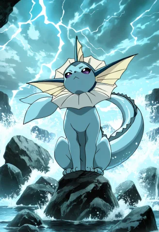 Masterpiece, Best Quality, Anime Screencap, Zzvaporeon, Perc... — Stable Diffusion AI Prompt: masterpiece, best quality, anime screencap, zzVaporeon, perched on a jagged rock...