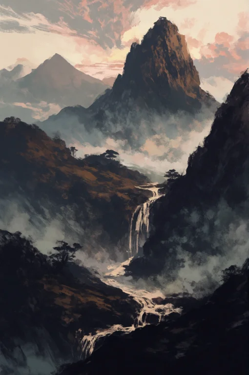 Darkgrimoil Style, Digital Painting, Misty Mountain Valley A...
