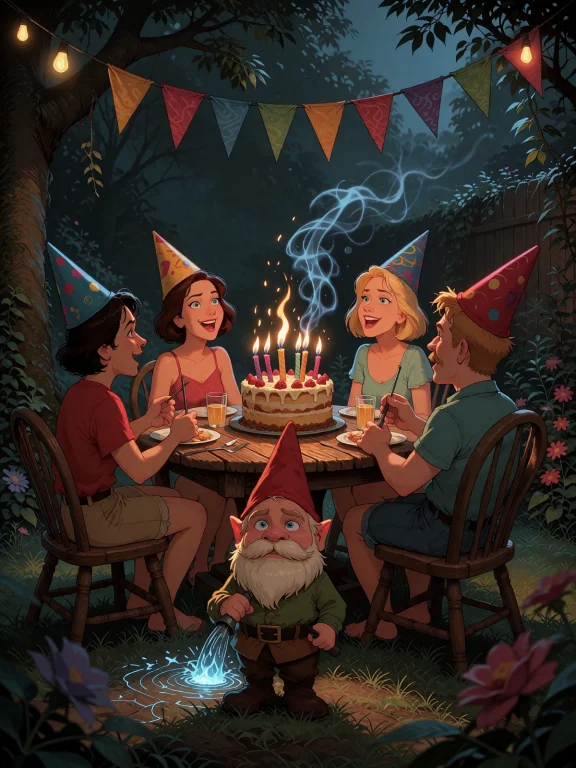 A Backyard Birthday Party In Full Swing, Streamers And Cake,...