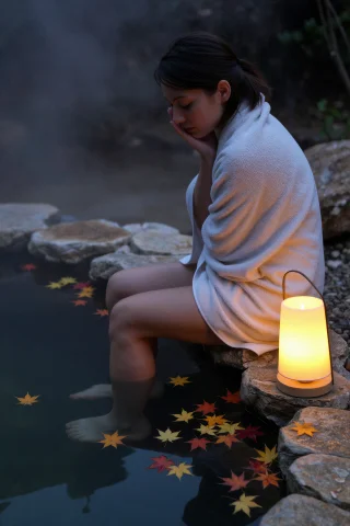 A Woman Sits At The Edge Of A Steaming Outdoor Onsen At Dusk... — Stable Diffusion AI Prompt: A woman sits at the edge of a steaming outdoor onsen at dusk, wrapped in a soft...