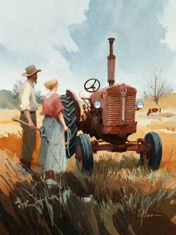 Bradhamel Art Style. A Watercolor Painting Of A Rustic Farm...