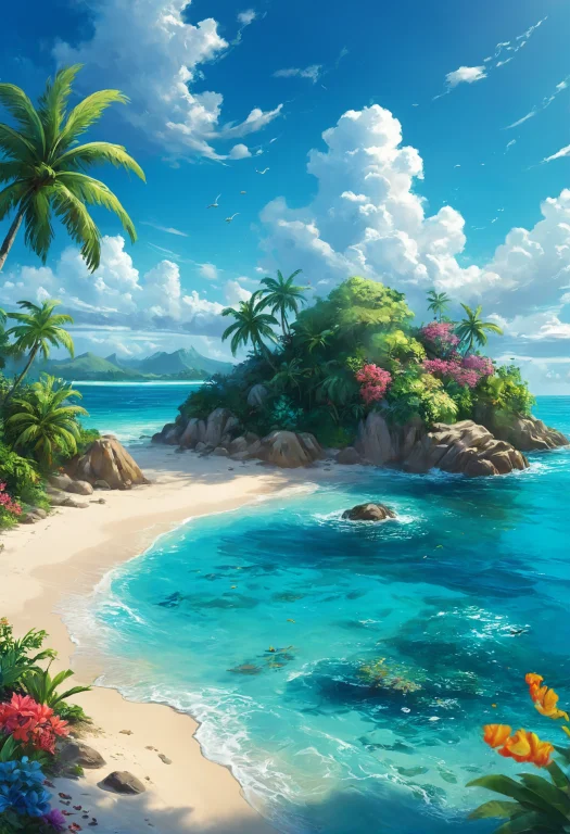 A Digital 2d Painting Of A Tropical Island Paradise. The Isl...