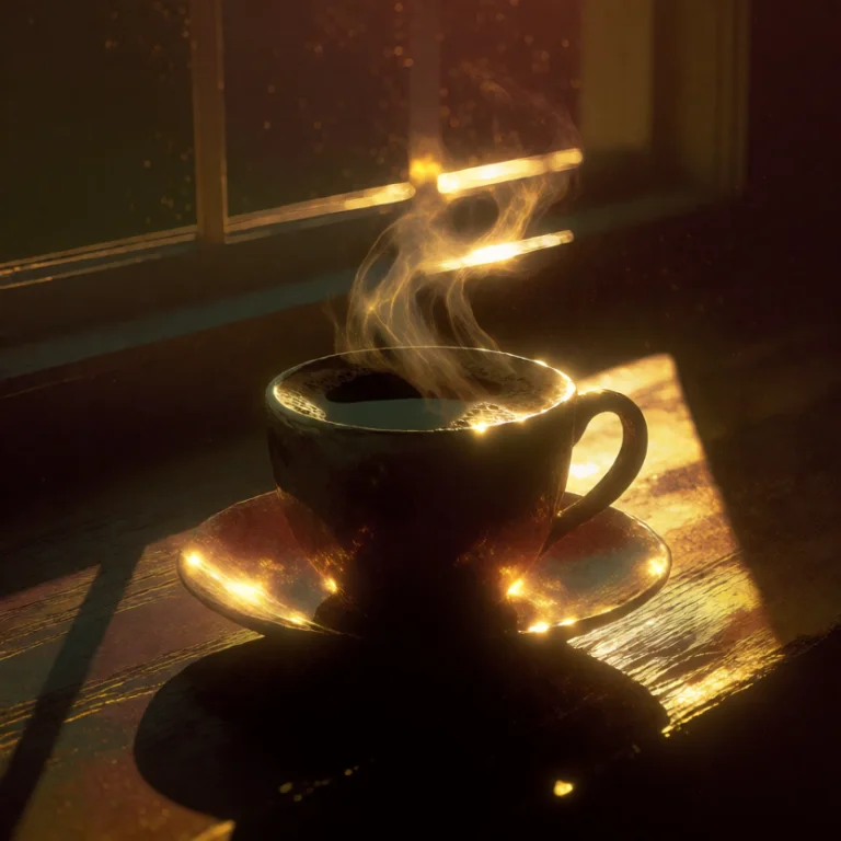 A Cup Of Coffee Steaming On A Wooden Table Beside A Window,...