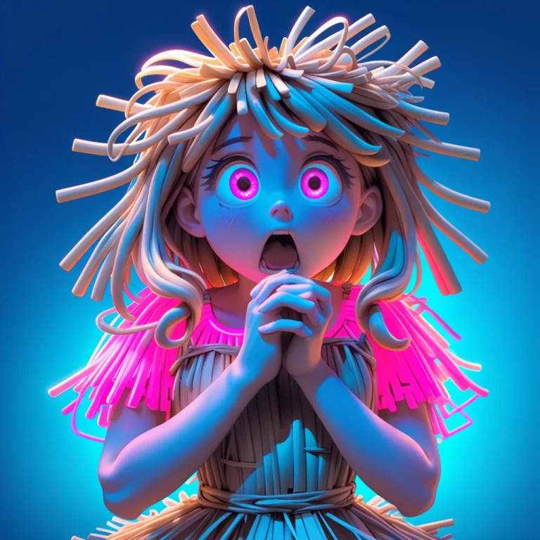 Neon Girl Made Of Straw, Straw Dress, Looking At Own Hands,...