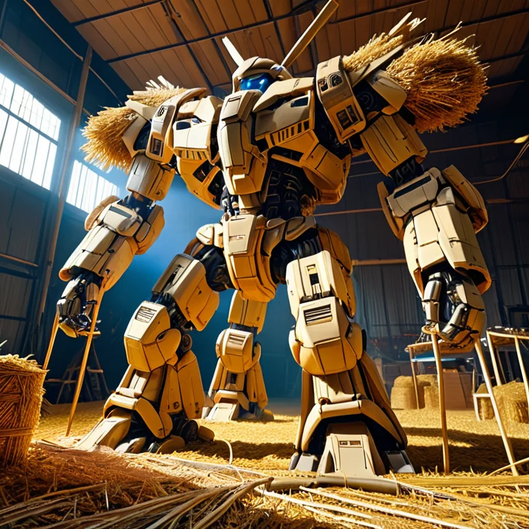 A Towering Battle Mecha Standing In A Hangar, Technicians Ti...