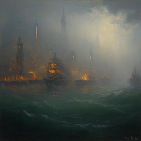 R1536f2daivaz Horizontal Oil Painting, Ivan Aivazovsky Style... — Stable Diffusion AI Prompt: r1536f2daivaz horizontal oil painting, Ivan Aivazovsky style, futuristic harbor...