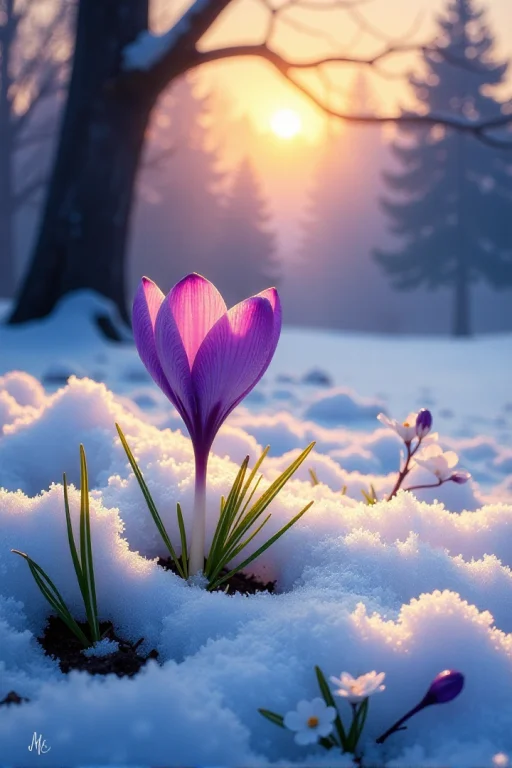 Picture A Delicate Purple Crocus Flower Pushing Through A Bl...