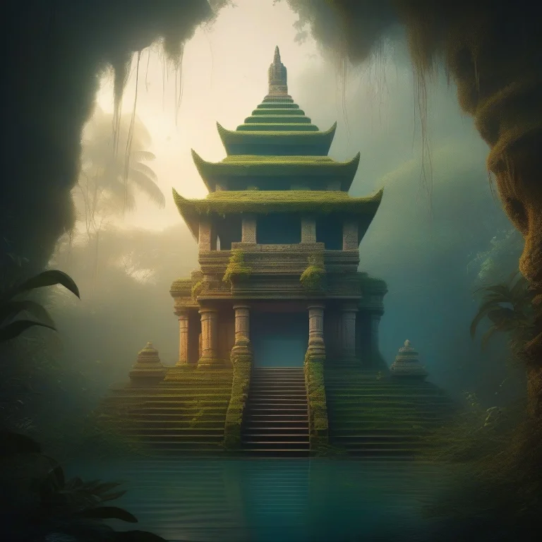 A Sunken Temple Half-swallowed By Jungle, Fantasy Illustrati...