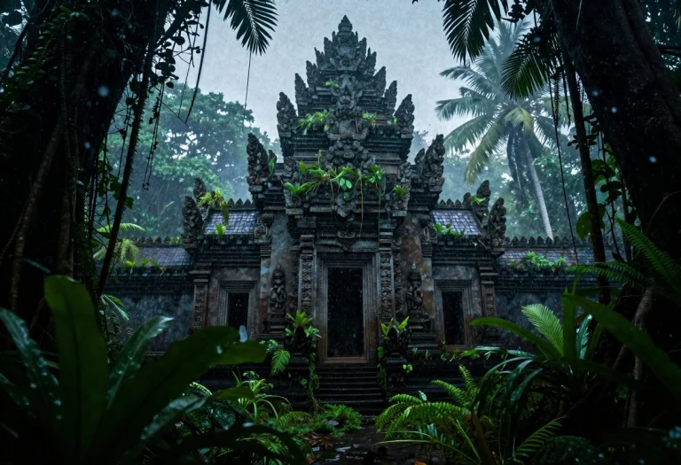 A Sunken Temple Half-swallowed By Jungle, Cinematic Lighting...