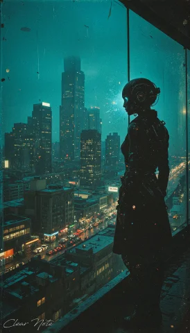 A Cyborg Sadly Looks Down On The Big City. He Exudes Sadness... — FLUX AI Prompt: A cyborg sadly looks down on the big city. He exudes sadness more than any human...