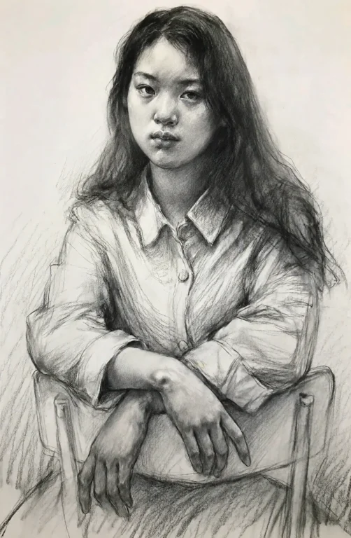 Sketchportrait, Realistic, Solo, 1girl, Monochrome, Long Hai...