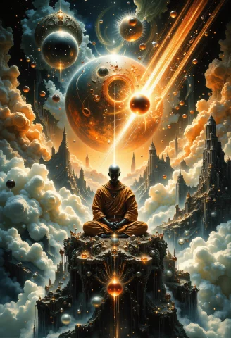 A Surreal, Dreamlike Scene Set High Above A Dense Cloud Cove... — FLUX AI Prompt: A surreal, dreamlike scene set high above a dense cloud cover. A small, floating...