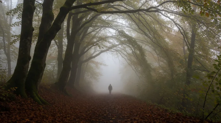 Distant Silhouetted Figure Walking Down A Leaf-strewn Forest...