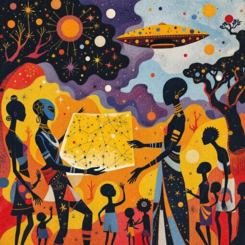 Tribal Ethnic Abstract Organic Indigenous, Elegant Extraterr... — FLUX AI Prompt: tribal ethnic abstract organic indigenous, elegant extraterrestrial being meetin...