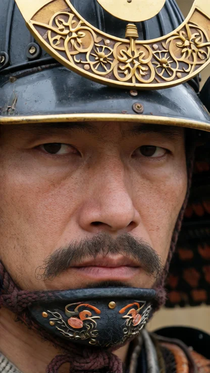 A Raw Photograph Of A Samurai Warrior. The Image Is A Close...