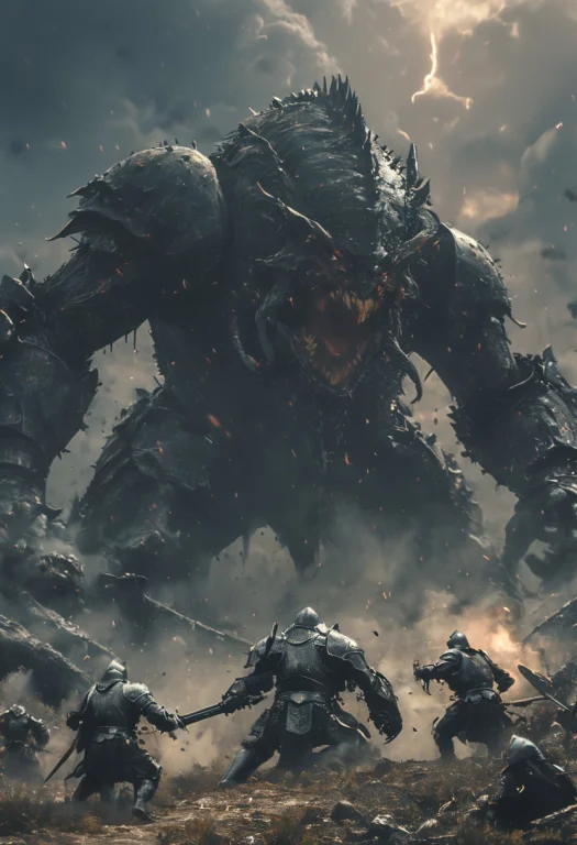 A Group Of Knights Is Battling A Colossal Black Bug, Beetle,...