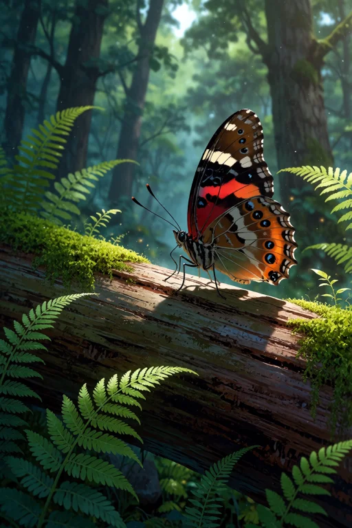 , A Butterfly On A Fallen Log In A Serene Forest With Ferns...