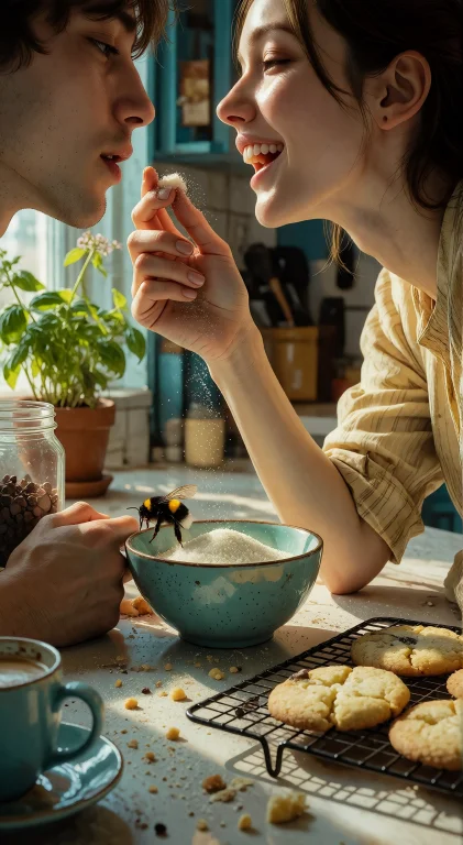 , A Woman Leans Across A Kitchen Table With A Fingertip Of S...