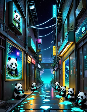 Pandas In An Alley Made Of Organic Bioluminescent At Night,... — SDXL AI Prompt: Pandas in an alley made of organic bioluminescent at night, lazypos, 