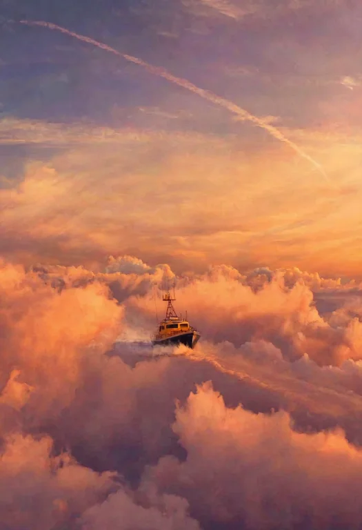 Boat Navigating Through A Vast Expanse Of Orange And Pink Cl...
