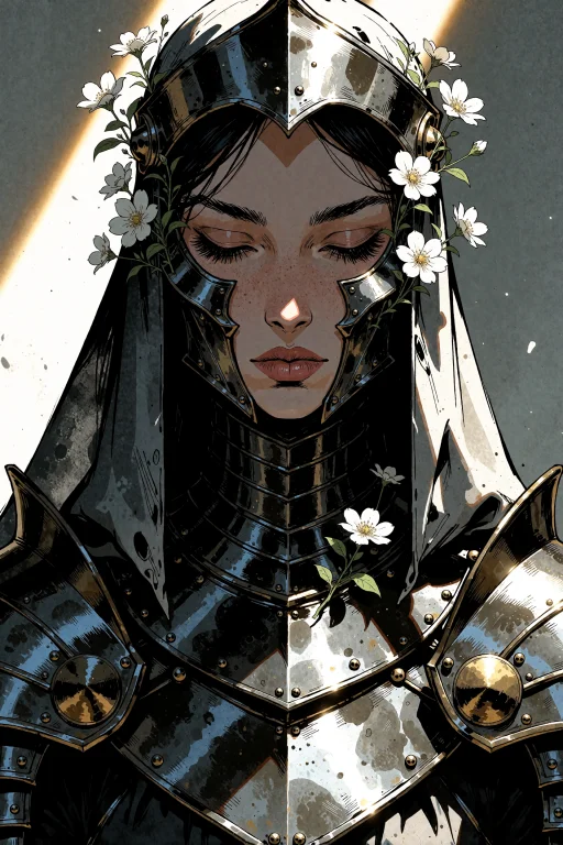 Illustration Portrait, A Solemn Priestess Whose Face Is Part...