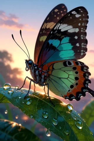 , A Butterfly Wearing Tiny Sunglasses Lounging On A Dewy Lea... — Stable Diffusion AI Prompt: , A butterfly wearing tiny sunglasses lounging on a dewy leaf at sunrise
