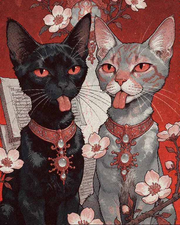 Yfgmooby Style Two Cats Occupy The Center Of A Solid Crimson...