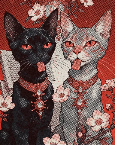 Yfgmooby Style Two Cats Occupy The Center Of A Solid Crimson... — Stable Diffusion AI Prompt: / YFGMooby style/ Two cats occupy the center of a solid crimson field/ rendered...