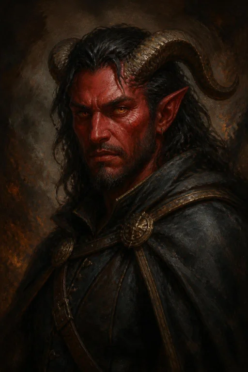 A Detailed Fantasy Portrait Of A Stern Male Tiefling With De...