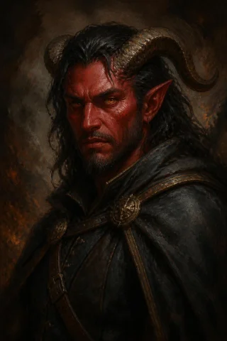 A Detailed Fantasy Portrait Of A Stern Male Tiefling With De... — Stable Diffusion AI Prompt: A detailed fantasy portrait of a stern male tiefling with deep red skin, glowing...