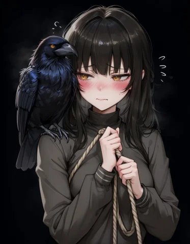 Loragdhs Stl1gstyle Black Background, Dark Background, 1girl... — Stable Diffusion AI Prompt: gstyle black background, dark background, 1girl, wavy mouth, holding rope, blush...