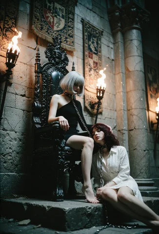 A Grainy Vintage Photograph Inside A Torch-lit Gothic Throne... — Stable Diffusion AI Prompt: A grainy vintage photograph inside a torch-lit gothic throne room hung with fade...