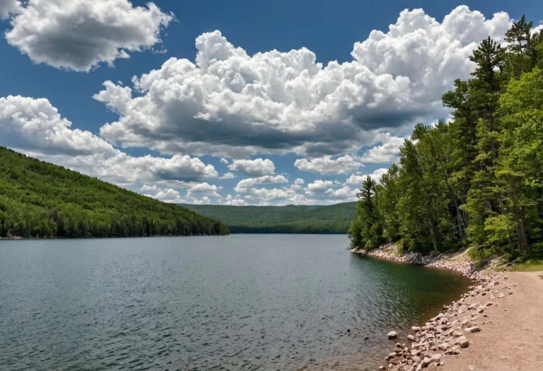 Mountain Side, Lake Shore, State Park, Trees, Puffy Clouds