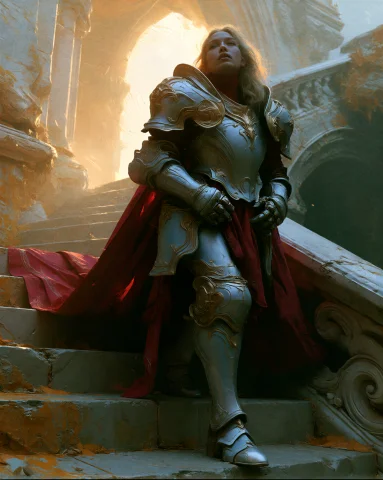 Yfg-fwshn An Armored Figure Stands On Worn Stone Steps Boot... — Stable Diffusion AI Prompt: / YFG-Fwshn/ An armored figure stands on worn stone steps/ boot forward on the u...