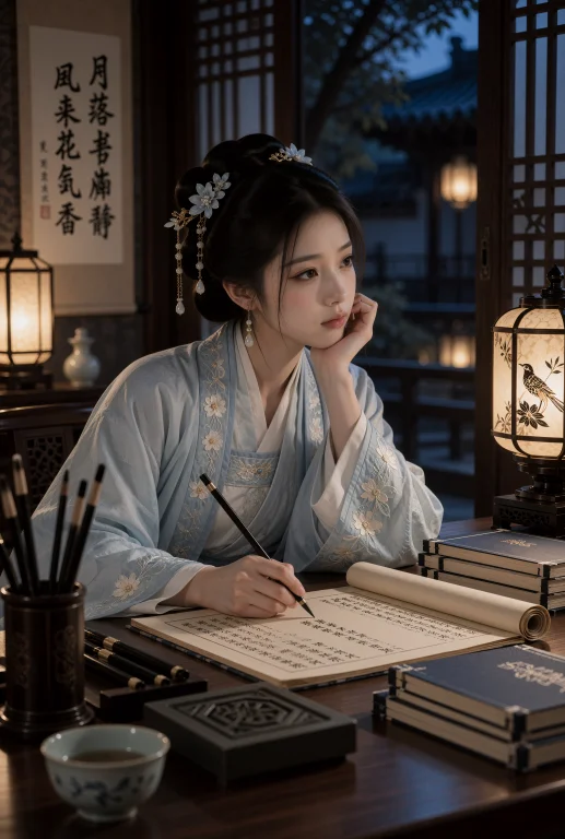 夜间书房的书案前，一名21岁中国女子坐着书写，左肘支在桌面，左...