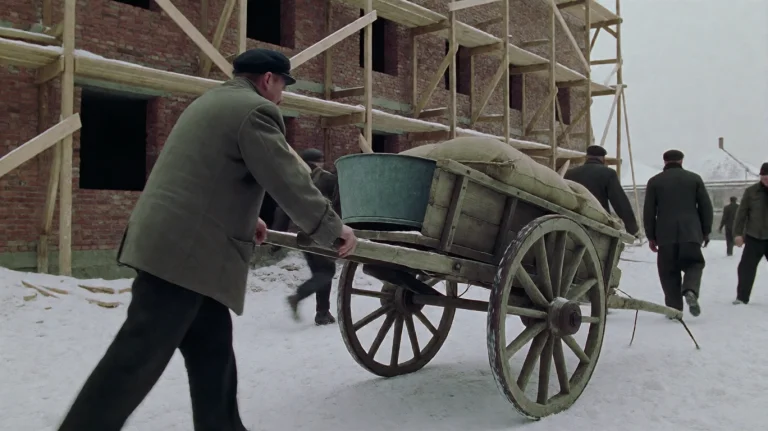 Pnst2002, A Man In A Heavy Coat And Cap Is Straining To Push...