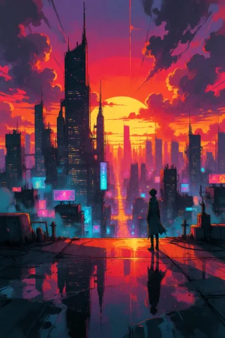 Strangedaal. A Breathtaking Cinematic Sunset Over A Futurist... — Stable Diffusion AI Prompt: StrangeDaal. A breathtaking cinematic sunset over a futuristic cyberpunk metropo...