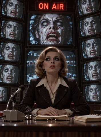 Lorakrea70shorror0.7lorakreaclassicframing0.7an Attractive A... — Stable Diffusion AI Prompt: An attractive adult television presenter with glamorous 1970s makeup sits alone...
