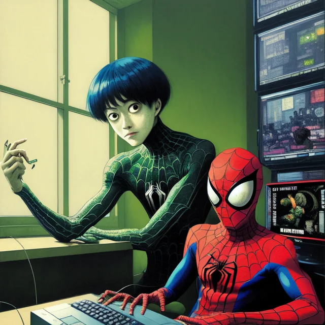 Junji Ito Spiderman The Hacker Sits At A Green Glowing Monit...