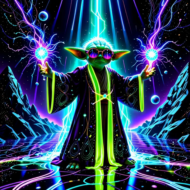 A Cinematic, Wide Shot Of Yoda At An Intergalactic Rave In A...