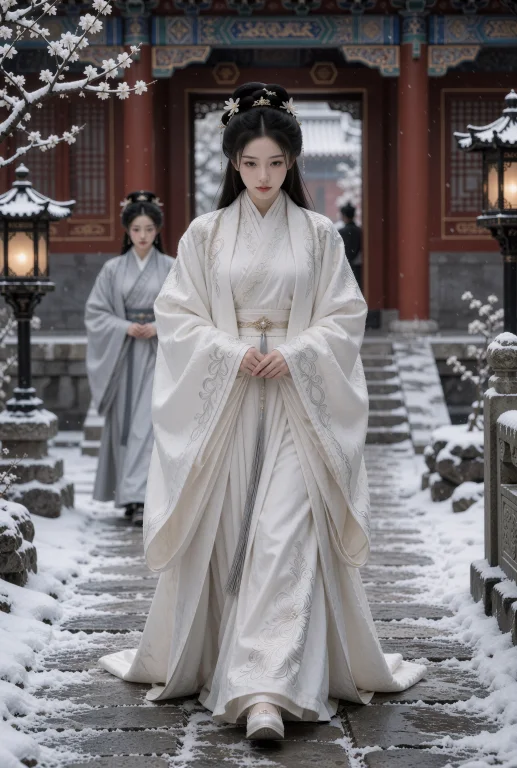 积雪宫苑的石路上,一名年轻中国女子穿白色长袍缓步前行,双手藏...