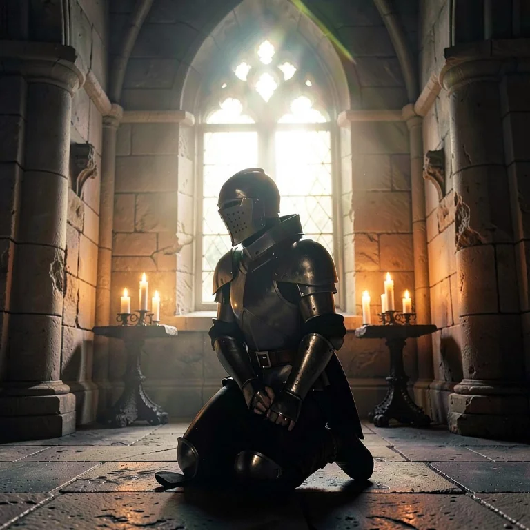 A Knight Kneeling In A Candlelit Stone Chapel, Fantasy Illus...