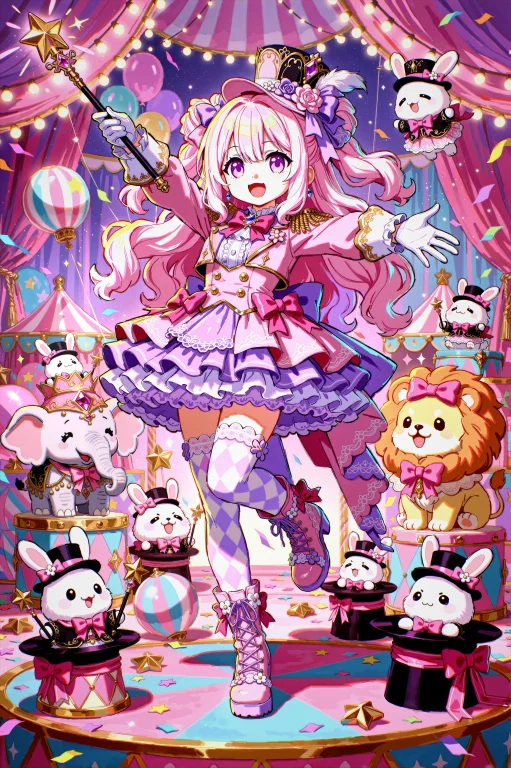 A Pink-haired Circus Ringmaster Girl With A Top Hat And Wand...