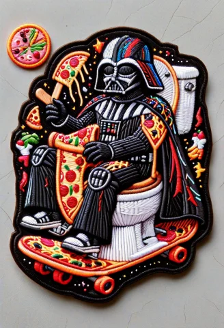 An Embroidery Patch Featuring A Humorous And Precarious Scen... — SDXL AI Prompt: An embroidery patch featuring a humorous and precarious scene. Darth Vader is st...