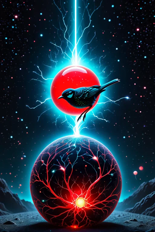 Tiny Bird Jumping On A Big Red Ball, Scenery, Surreal.. . Bi...